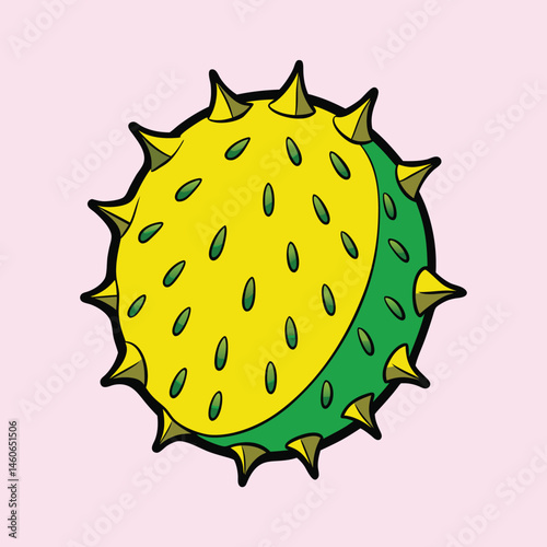 Kiwano horned melon vector illustration, exotic spiked fruit cartoon icon, yellow and green tropical african cucumber on pink background