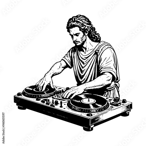 Greek god dj sketch engraving black and white outline. Scratch board imitation.  illustrated in vintage line art style on a white background.