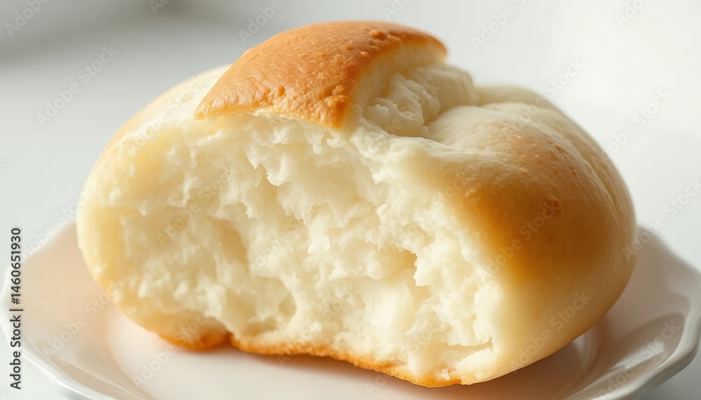 Close Up of Single Banh Bao Steamed Bread on White Plate in Bright Light Displaying Golden Brown Top and Soft White Texture Perfect for Culinary Art and Minimalist Kitchen Decor Close Up of Single Banh Bao Steamed Bread on White Plate in Bright Light Displaying Golden Brown Top and Soft White Texture Perfect for Culinary Art and Minimalist Kitchen Decor