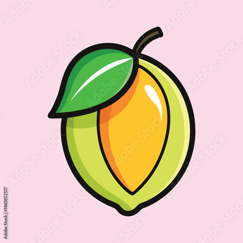 A vibrant illustration of a halved mango with a single green leaf atop a light pink background