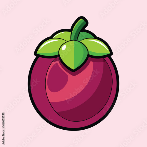 Cartoon illustration of a mangosteen fruit with vibrant purple skin and green leafy crown a delicious tropical treat