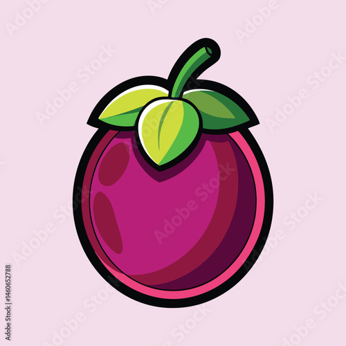 Vibrant Cartoon Illustration of a Single Mangosteen Fruit with Green Leaves