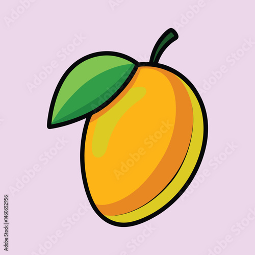 A vibrant illustration of a ripe mango fruit with a single green leaf