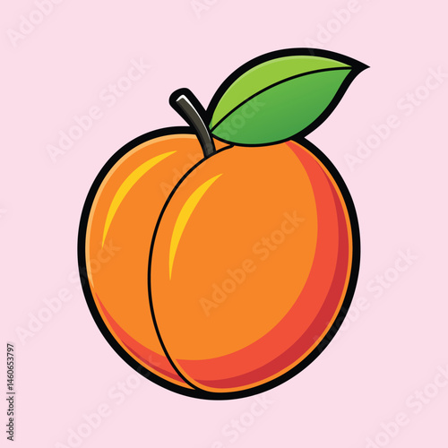 A Juicy Ripe Peach with a Green Leaf Illustration Cartoon Style Graphic Design