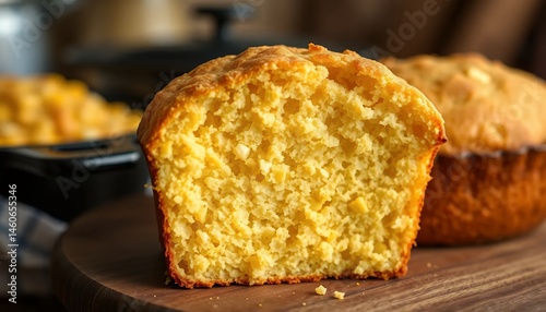 Golden Brown Cornbread Loaf Cut in Half Displaying Tender Crumb Texture on Wooden Board with Kitchen Background