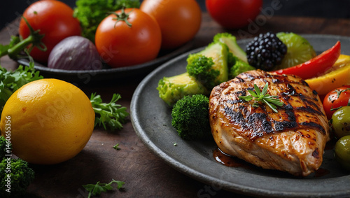 grilled steak with vegetables, steak with roasted vegetables and herbs on a dark plate.