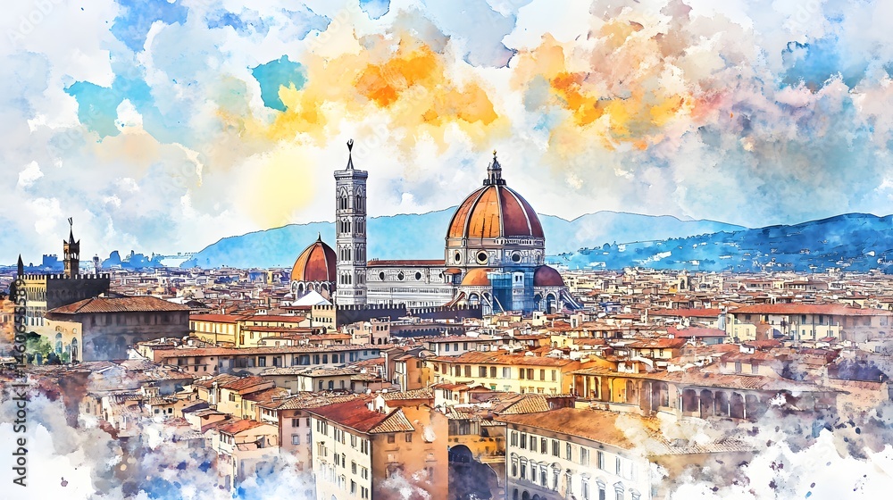 Fototapeta premium Watercolor cityscape view of a European city's cathedral.