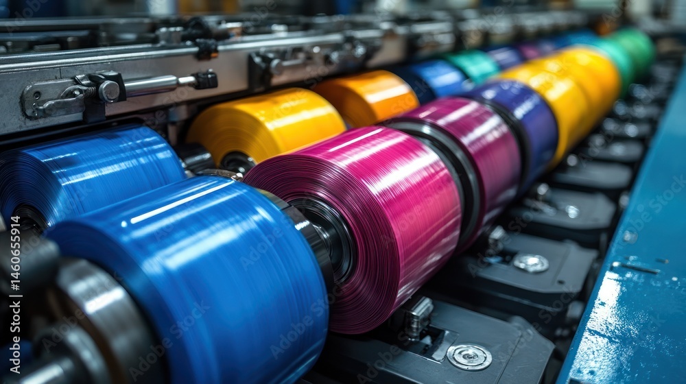 Obraz premium Vibrant Rolls of Colored Plastic Film on a Modern Industrial Printing Machine