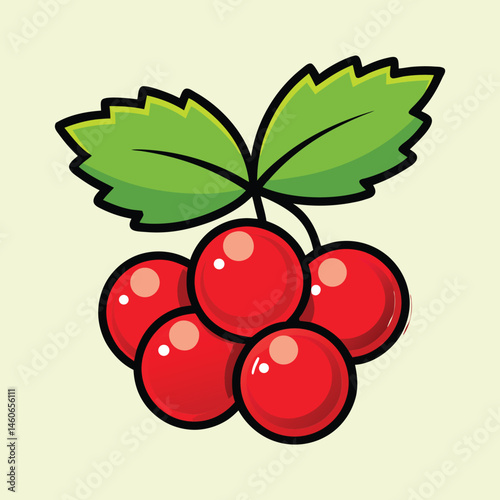 Cartoon Illustration of a Bunch of Red Berries with Green Leaves