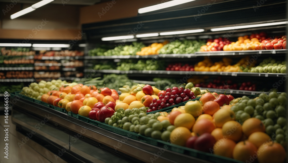 Obraz premium Fresh fruit and vegetable shop with prominent display.