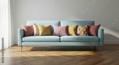 Wallpaper Mural Light blue couch with colorful cushions in modern living room Torontodigital.ca