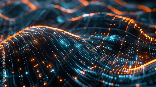 Futuristic neural network with holographic data points and connections.