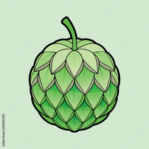 Stylized green hop cone vector illustration, organic brewery ingredient icon, botanical hop flower graphic for craft beer branding and label design