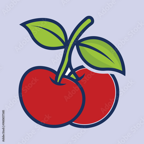 A Pair of Cherries with Green Leaves and Stem Illustration