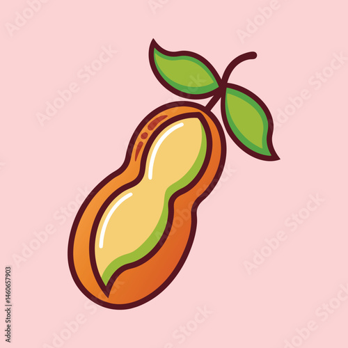 A Cartoon Illustration of a Single Peanut in its Shell with Green Leaves