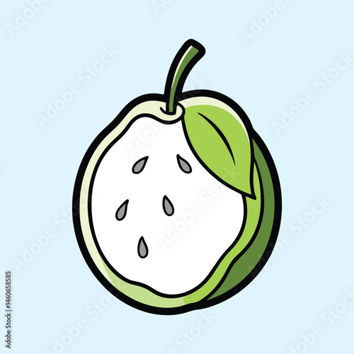 Guava fruit illustration, sliced tropical guava with seeds and leaf, green exotic fruit vector icon for food packaging and healthy lifestyle
