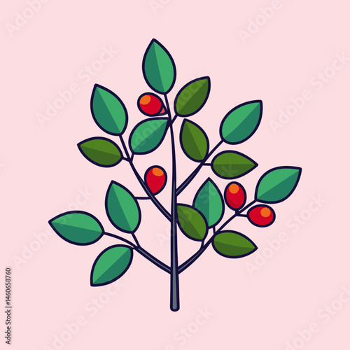 Flat vector coffee branch with red berries and green leaves, botanical coffee plant illustration, organic coffee bean shrub svg