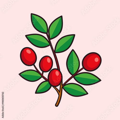 Illustration of a Red Berry Branch with Lush Green Leaves