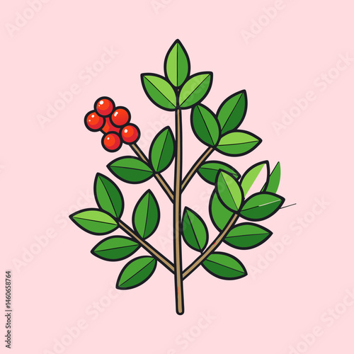 Vibrant Illustration of a Lush Green Plant with Red Berries Botanical Artwork