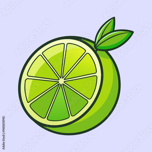 A vibrant illustration of a lime fruit sliced in half showing juicy segments and bright green leaves