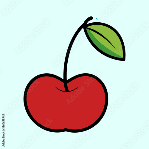 A Single Red Cherry with Green Leaf Cartoon Illustration