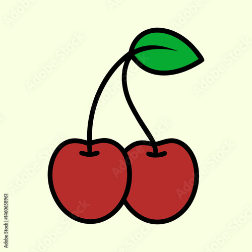 A Pair of Cherries with a Green Leaf Illustration Cartoon Style Simple Design