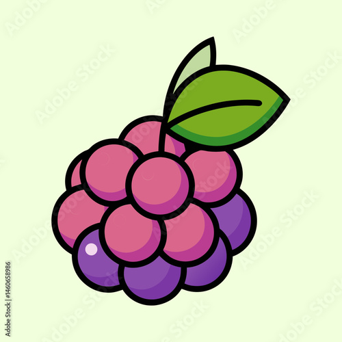 A Delightful Cartoon Illustration of a Single Blackberry with a Vibrant Green Leaf