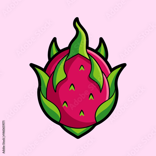 Dragon fruit vector illustration, vibrant pink pitaya exotic fruit icon, tropical food graphic with green scales, isolated pitahaya svg