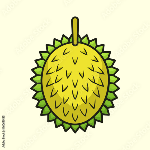 Vibrant Illustration of a Durian Fruit with Detailed Spiky Exterior and Yellow Flesh