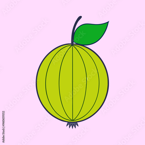 A vibrant illustration of a single gooseberry fruit with a green leaf a simple cartoon style design perfect for educational materials children's books or any project needing a cute fruit image