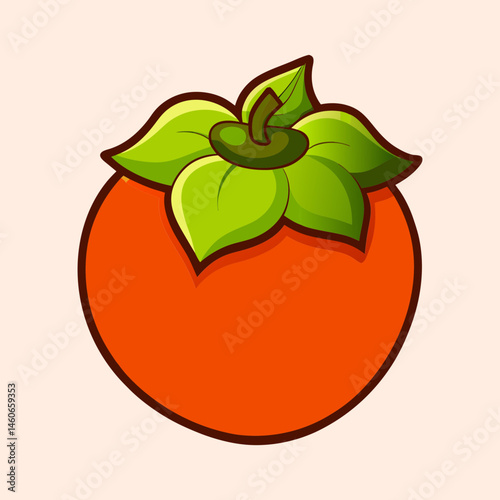 A Vibrant Cartoon Illustration of a Ripe Persimmon Fruit with Lush Green Leaves