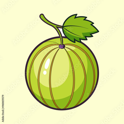 A vibrant illustration of a single gooseberry with a stem and leaf