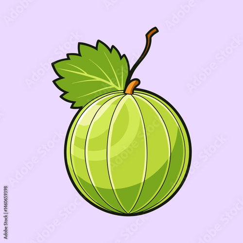 A single ripe green gooseberry with leaf illustration vibrant color cartoon style