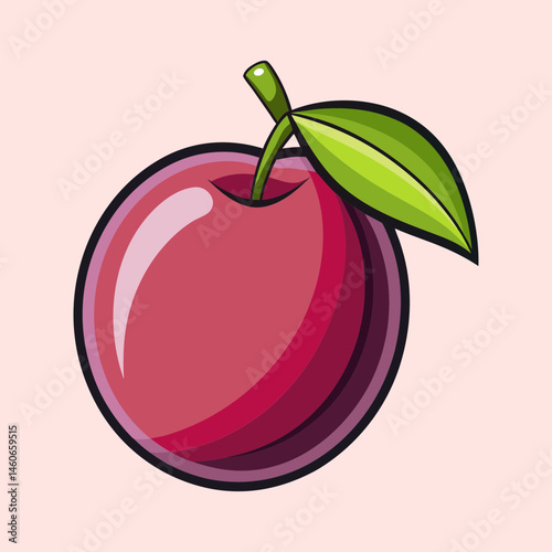 A vibrant illustration of a single ripe plum with a glossy red skin and a single green leaf