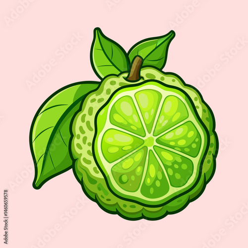 A vibrant illustration of a halved kaffir lime fruit showcasing its aromatic interior and lush green leaves