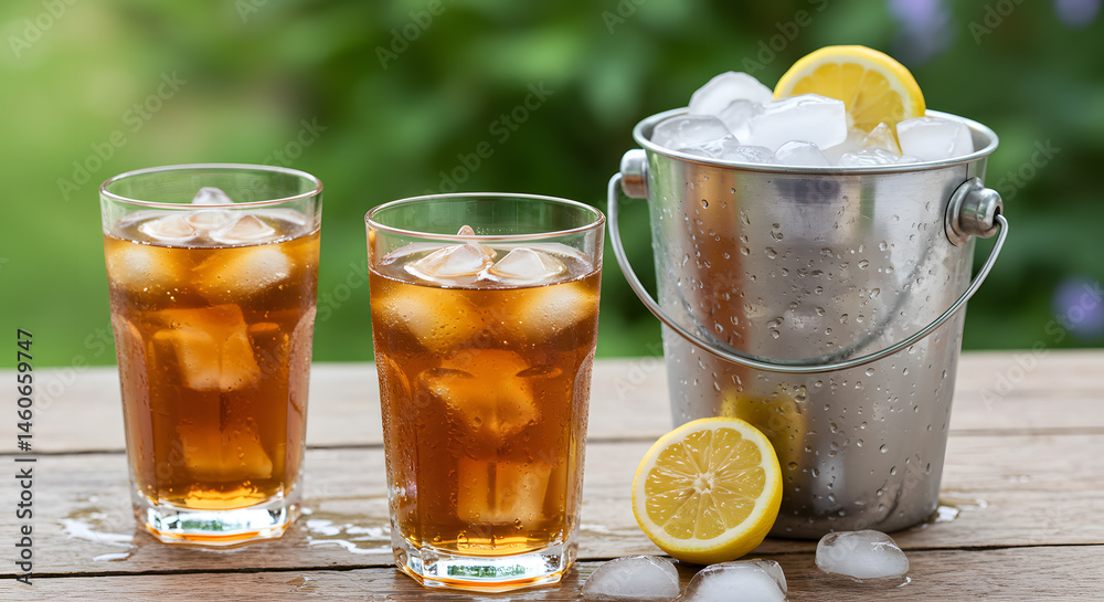 Fototapeta premium Iced tea cooling effect with condensation melting ice and breezy garden vintage bucket