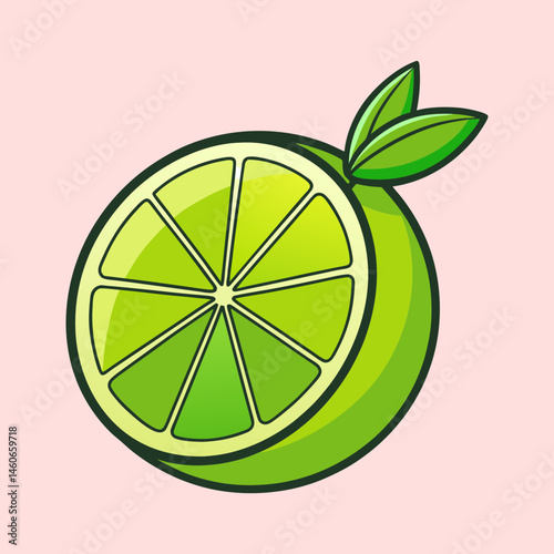 Fresh lime vector illustration, cartoon citrus fruit with green leaves, sliced lime half on pink background, organic food icon for menu design
