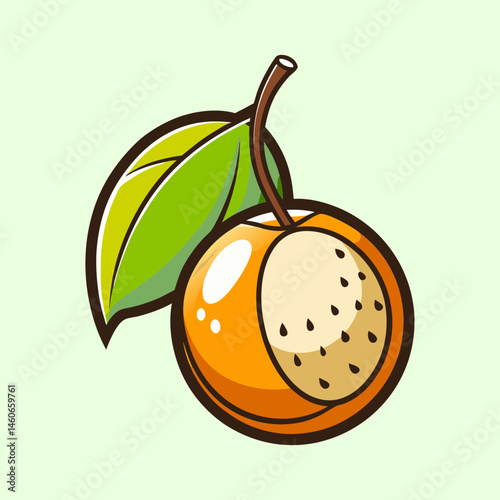 Cartoon orange fruit with green leaf, fresh citrus fruit illustration in sticker style, hand drawn orange fruit svg for food packaging