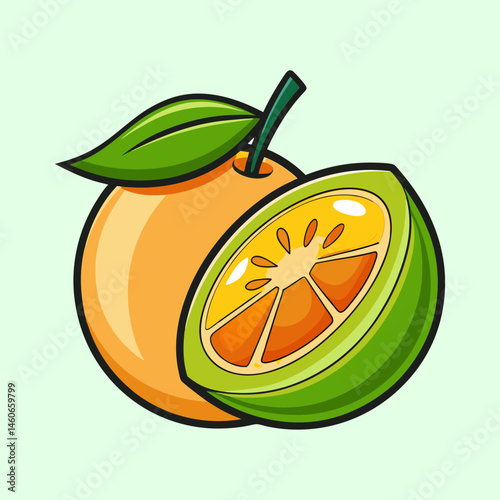 Juicy Orange Fruit Illustration with Sliced Segment Showing Vibrant Citrus Inside and Green Leaf