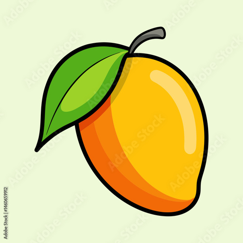 A vibrant illustration of a ripe mango fruit with a single green leaf