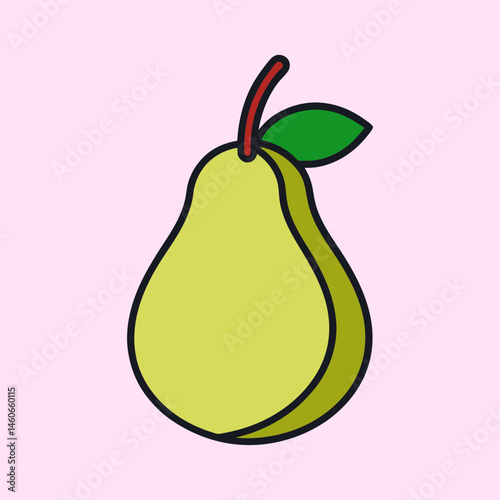 A Simple Illustration of a Ripe Yellow Pear with a Green Leaf and Red Stem
