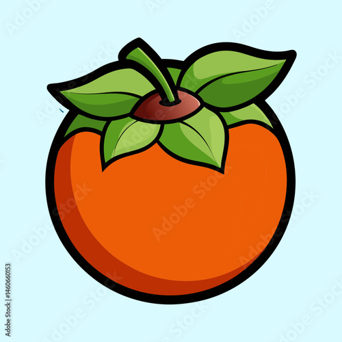 A vibrant illustration of a ripe persimmon fruit with detailed leaves and stem