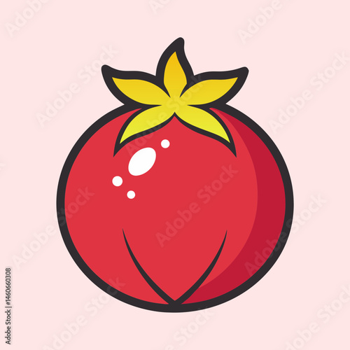 A Delightful Cartoon Illustration of a Single Red Tomato with a Yellow StarShaped Top