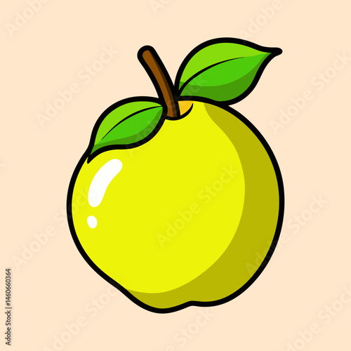 Illustration of a Vibrant Yellow Quince Fruit with Green Leaves