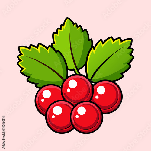 Cartoon Illustration of Red Berries with Green Leaves
