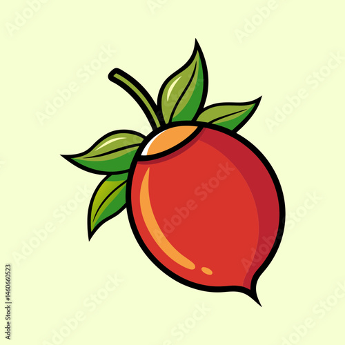 Illustration of a Single Red Fruit with Green Leaves