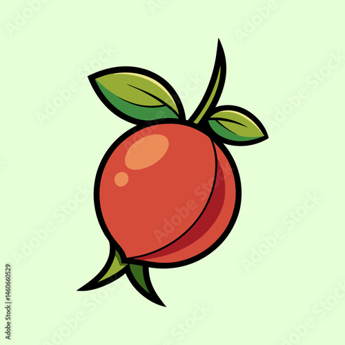 A vibrant illustration of a single ripe peach with green leaves and stem