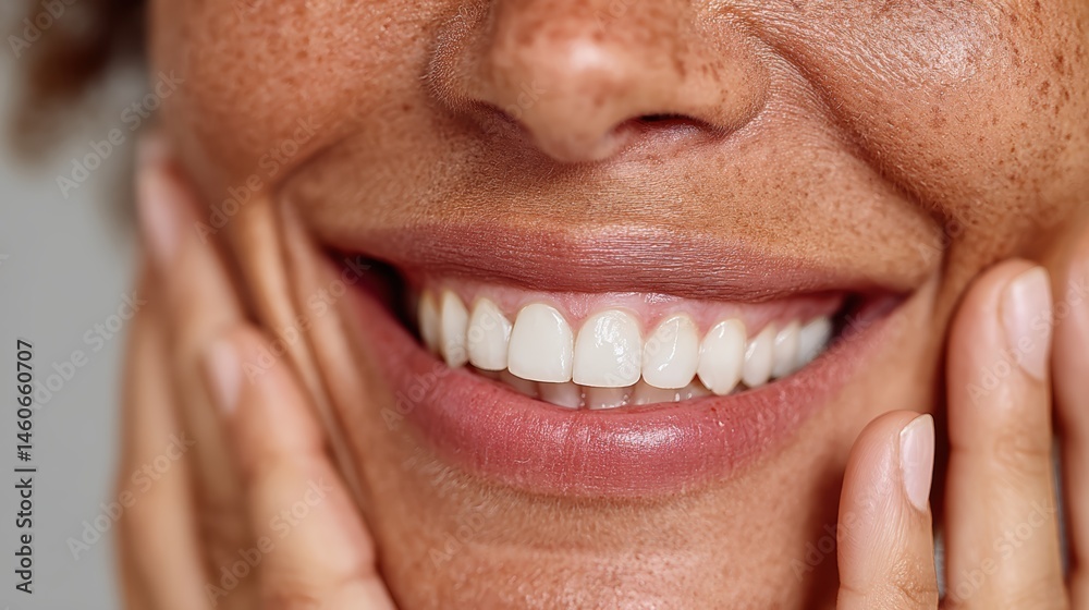 Fototapeta premium Close-up of woman is face, fingers on cheeks, smiling widely with bright white teeth, cropped for a clean, joyful expression.