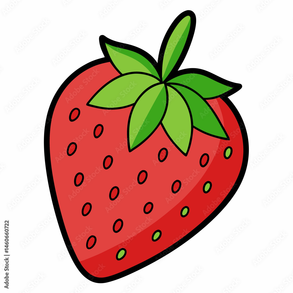 Obraz premium A vibrant cartoon illustration of a single strawberry with its green leaves