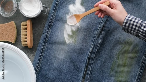 Alternative techniques for removing stubborn grass stains from denim jeans using basic household products. A female hand sprinkling with baking soda on a dirty grass stain on clothes